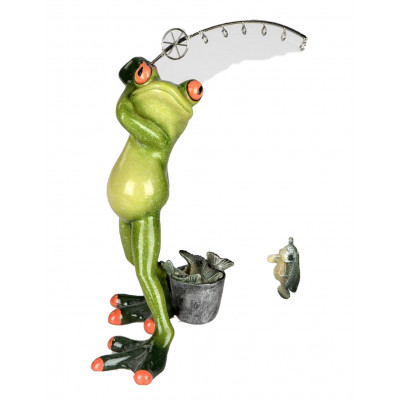 Dekofigur lustiger Frosch als Angler mit Fisch, hellgrün, 20 cm